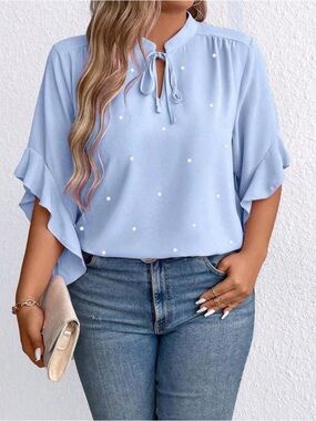 SHEIN Light Blue Tie-Neck Ruffle Sleeve Blouse with Dot Accents